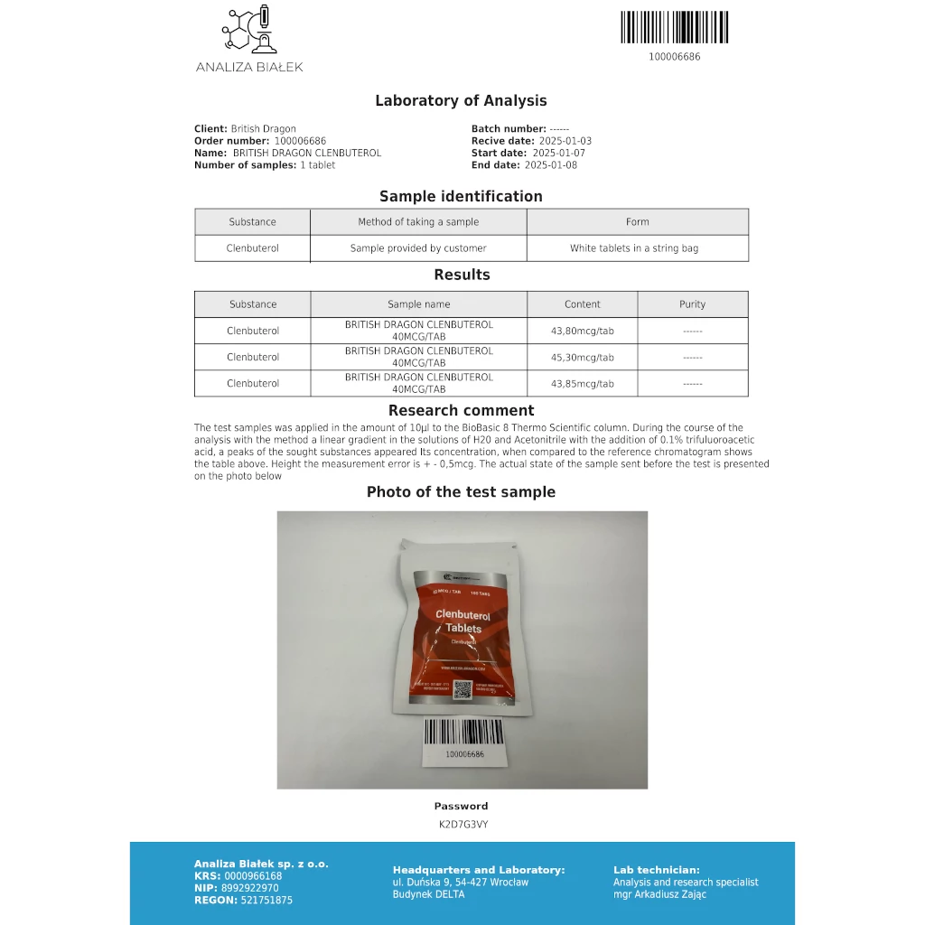 CLENBUTEROL TABLETS 40 mcg/tab 100 tabs by British Dragon Pharmaceuticals